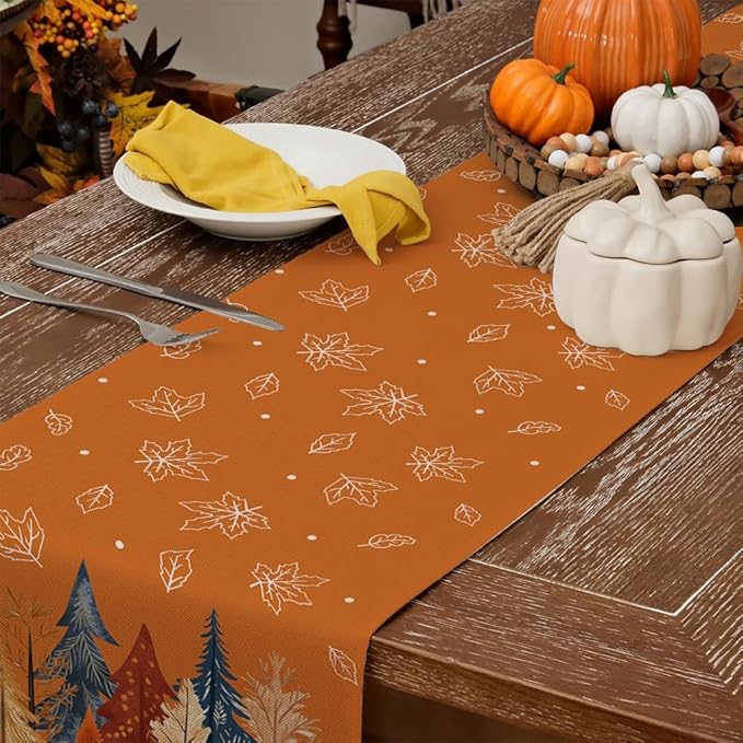 GEEORY Fall Watercolor Trees & Maple Leaves Table Runner 13x72 Inch, Rustic Farmhouse Autumn Thanksgiving Decor for Kitchen, Dining, Indoor/Outdoor Holiday Dinner Party Orange GT158-72-Ruum Studio Home