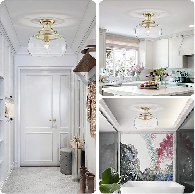 WUZUPS Chandelier Rustic Farmhouse Industrial Round Semi-flushmount Ceiling LED Light Fixture with Clear Glass Shades for Bathroom Kitchen Foyer Entryway, H 11.8" x W 13.4", E26 Base, Gold-Ruum Studio Home