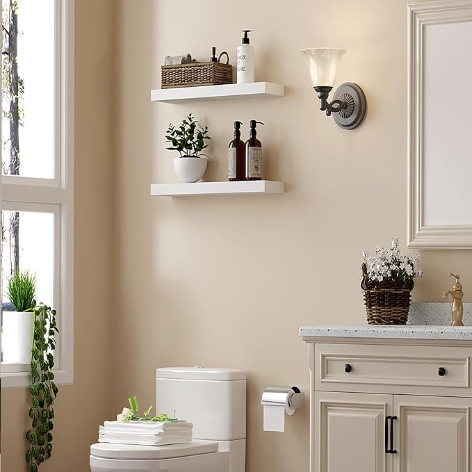 BGMG Wood Floating Shelves 16 inch Set of 2, Rustic Wooden Wall Mount Shelves for Bathroom Living Room Bedroom Kitchen Farmhouse -16x 6.7 x1.25 inch- White-Ruum Studio Home