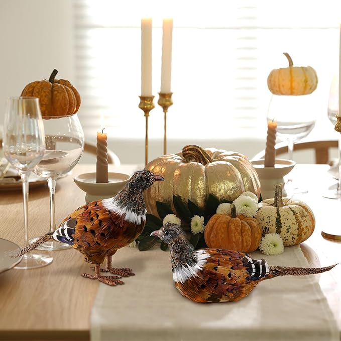 Nature Vibe Feathered Pheasant Decor Set of 2,Simulation Woodland Animals Figurines with Natural Pheasant Feathers as Fall Home Decor or Gifts for Autumn Harvest Festival-Ruum Studio Home