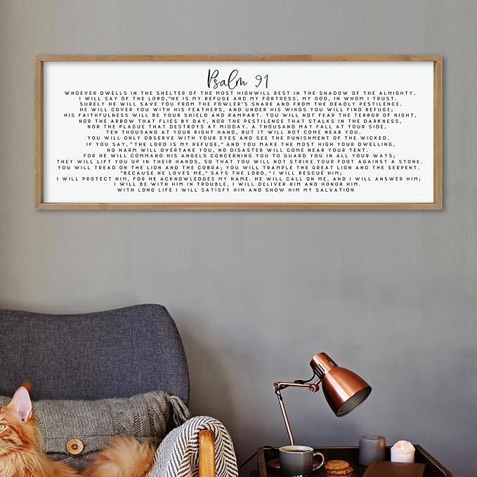LuZhiQiang Psalm 91 Wall Decor Art 40"×15" Bible Verse Sign for Family Bedroom Christian Large Wood Framed Wall Hanging (Wood)-Ruum Studio Home