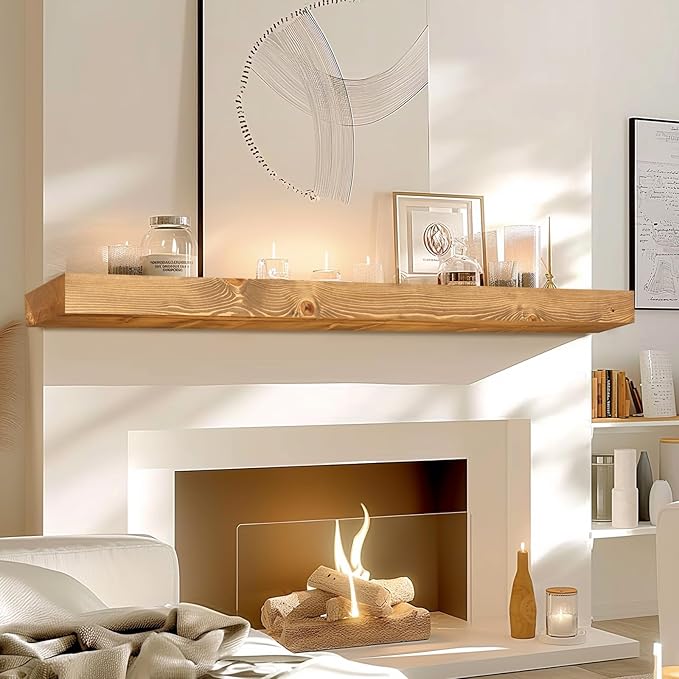 60x7x3 Fireplace Mantel - Solid Rustic Wood - Wall Mounted Floating Shelf with Invisible Heavy Duty Steel Bracket (Natural Wood)-Ruum Studio Home