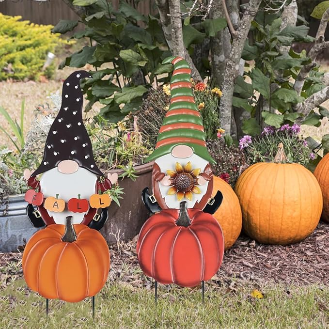hogardeck Fall Decorations for Home Outdoor, 2 Pcs Metal Gnome Decorative Garden Stakes with Pumpkins for Fall Decor, Yard Signs for Garden Home Lawn Patio Thanksgiving Decorations-Ruum Studio Home