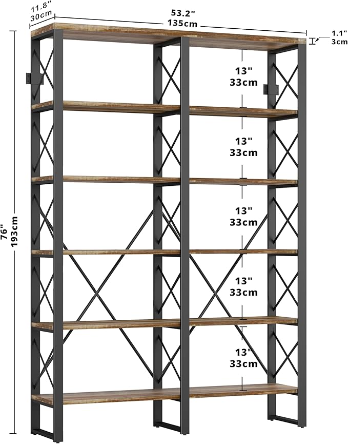 IRONCK Bookshelves Double Wide 6-Tier 76" H, Open Large Bookcase, Industrial Style Shelves for Home Office, Easy Assembly-Ruum Studio Home