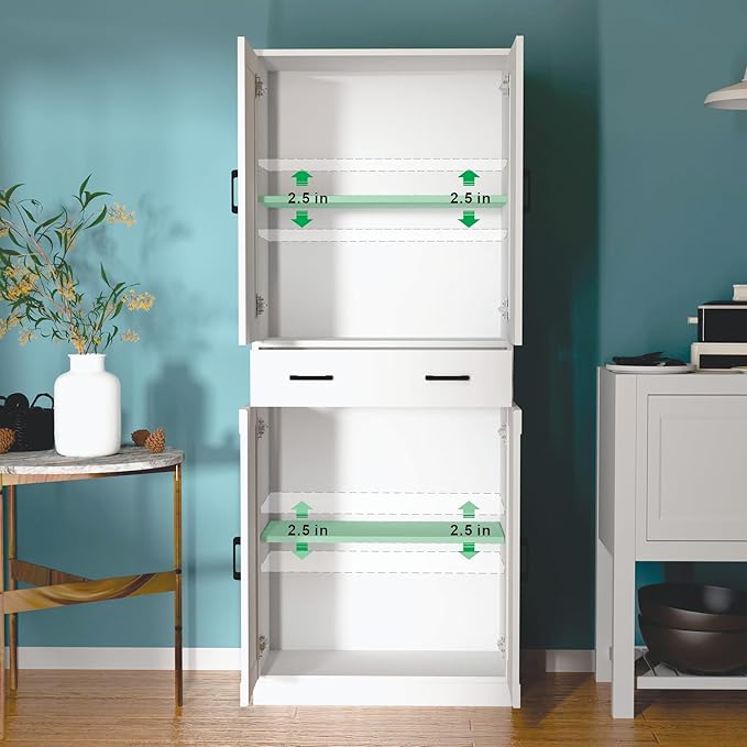 White Kitchen Pantry, 71" Tall Storage Cabinet with Doors and Drawer for Kitchen, Hallway, Office-Ruum Studio Home