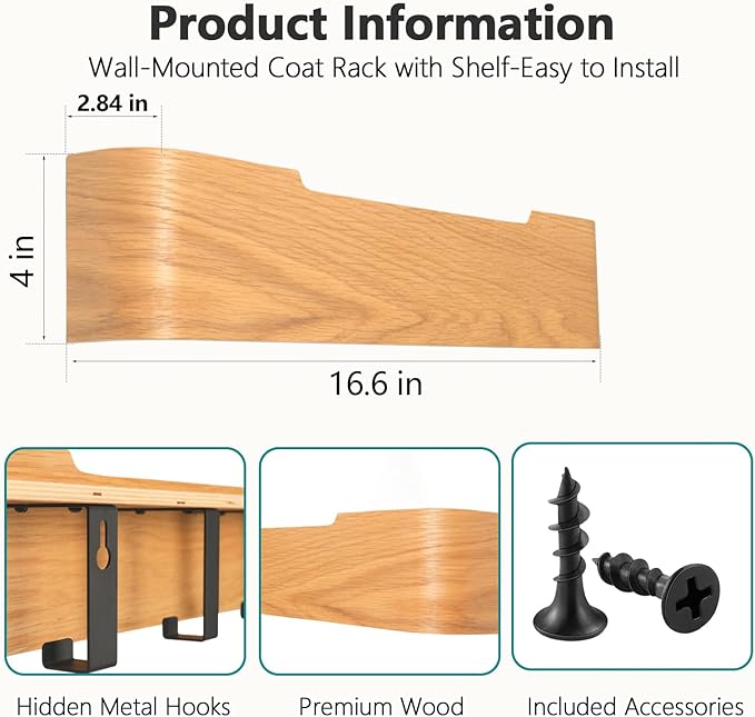 Coat Rack Wall Mount with Hidden Hooks Entryway Hanging Shelf Modern Wood Coat Hanger for Bedroom Kitchen Hallway Bathroom (Oak, 16.6 Inch Long)-Ruum Studio Home