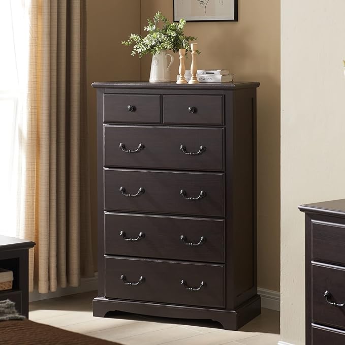 T4TREAM 6 Drawers Dresser Chests for Bedroom, 48" Tall Rustic Chset of Drawers, Wood Dressers Organizer for Bedroom, Living Room,Hallway, Espresso-Ruum Studio Home