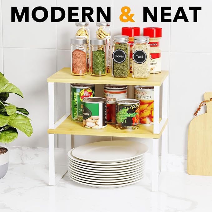 SpaceAid Cabinet Shelf Organizers 2 Pack, Kitchen Counter Rack Shelves Riser, Stackable Expandable Spice Rack, Pantry Cupboard Storage Organization (White and Natural, Short)-Ruum Studio Home