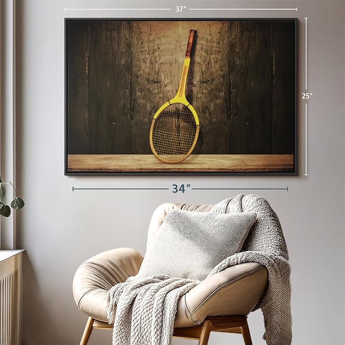ElephantStock Vintage Tennis Racket Wall Art - Horizontal Framed Canvas - 1-Piece Living Room Wall Decor - Photography Sports Canvas Print - Brown and Black Decor for Wall - 37" X 25"-Ruum Studio Home