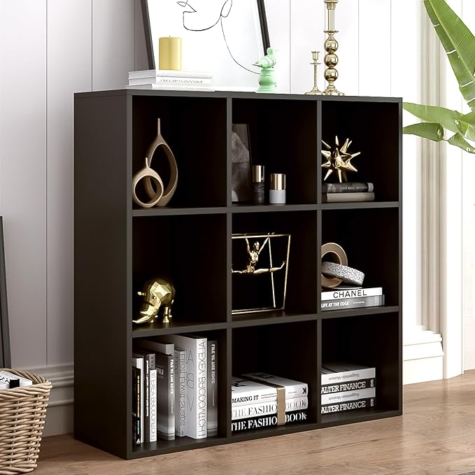 9-Cube Storage Shelf Bookcase - Wooden 3-Tier Free Standing Open Bookshelf for Home and Office, Organizer Cabinet in Black-Ruum Studio Home