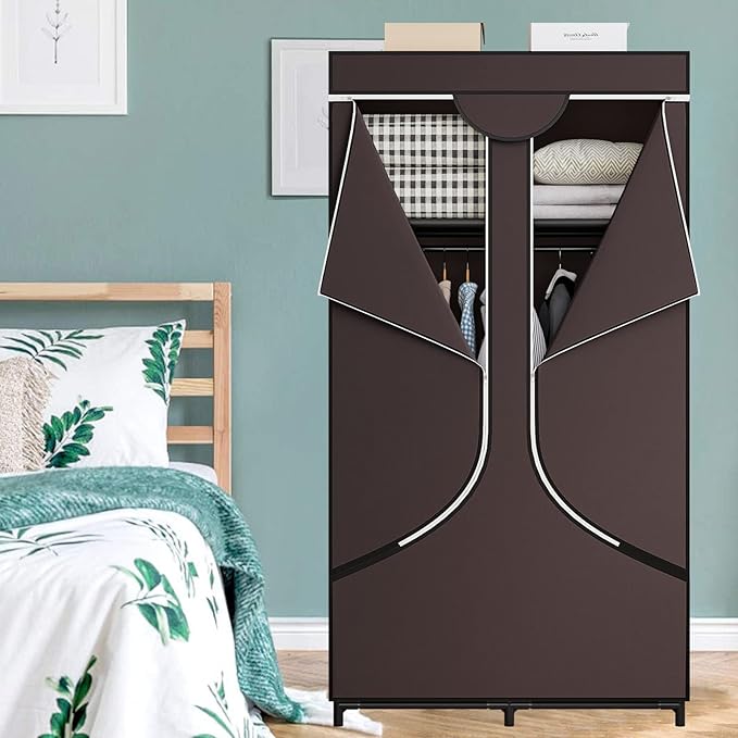 SORCEDAS Portable Wardrobe Closet Storage Organizer Metal Hanging Rack Non-Woven Fabric 34 Inch Coffee (34 Inch, Coffee)-Ruum Studio Home