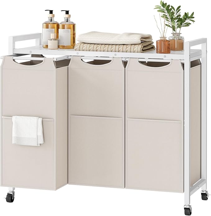 HOOBRO Laundry Sorter 3 Section, Laundry Hamper with Wheels, 3 × 11.5 Gal (43.4L), Rolling Laundry Basket, Pull-Out and Removable Oxford Fabric Bags, White WG76XY01-Ruum Studio Home