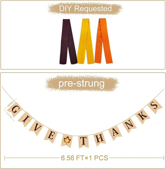 Thanksgiving Maple Leaf Burlap Pennant Banner Flag Felt Give Thanks Sign and Maple Leaf Pattern with Fall Color Ribbon for Thanksgiving Day Fall Autumn Harvest Birthday Party Decorations Supplies-Ruum Studio Home