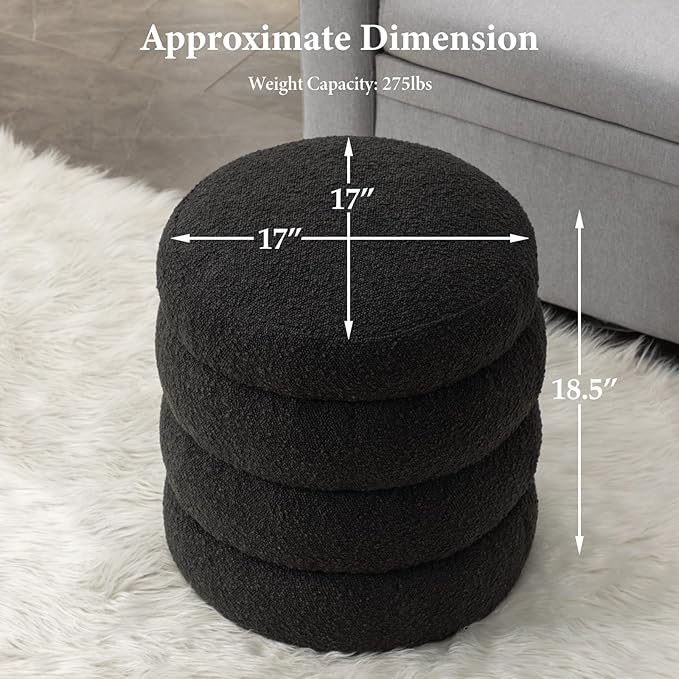 Furniliving Modern Round Ottoman, Soft Bedroom Ottoman Footstool Round Ottomans Stool for Living Room, Bedroom, Makeup Room, Black, Boucle-Ruum Studio Home