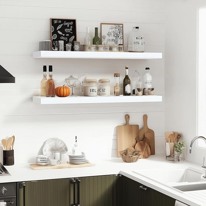 Floating Wall Shelves 2-Pack - 36-Inch Rustic White Wooden Shelves for Storage and Décor, Easy Installation for Living Room, Bedroom, and Kitchen-Ruum Studio Home