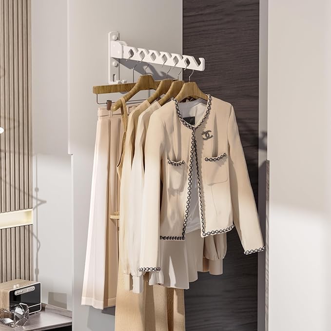 Wall Mount Coat Hanger Holder White Clothes Drying Organizer Rack Garment Hooks Aluminium Retractable Folding Indoor Wall Mounted Hanger Space Saver for Laundry Room Bedroom White 2 Pack with 8 Hooks-Ruum Studio Home