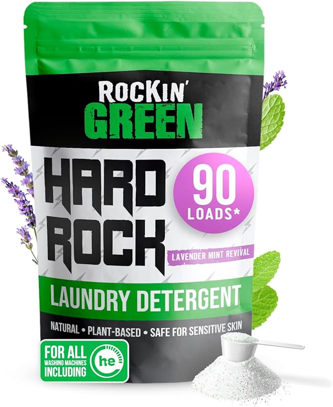 Rockin' Green Hard Rock Laundry Detergent for Hard Water (90 Loads), Plant based, Natural Laundry Detergent Powder, Biodegradable Odor Fighter, Safe for Sensitive Skin, 45 oz (Lavender Mint Revival)-Ruum Studio Home