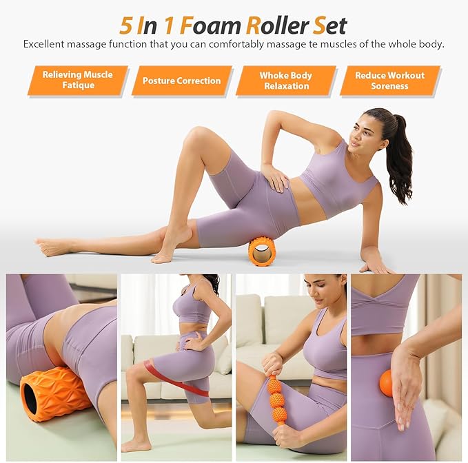 5 in1 Foam Roller Set, Trigger Point Foam Roller, Massage Roller Stick, Massage Ball, Resistance Band for Deep Muscle Massage Pilates Yoga,Fitness Exercise for Whole Body (Pure Orange)-Ruum Studio Home