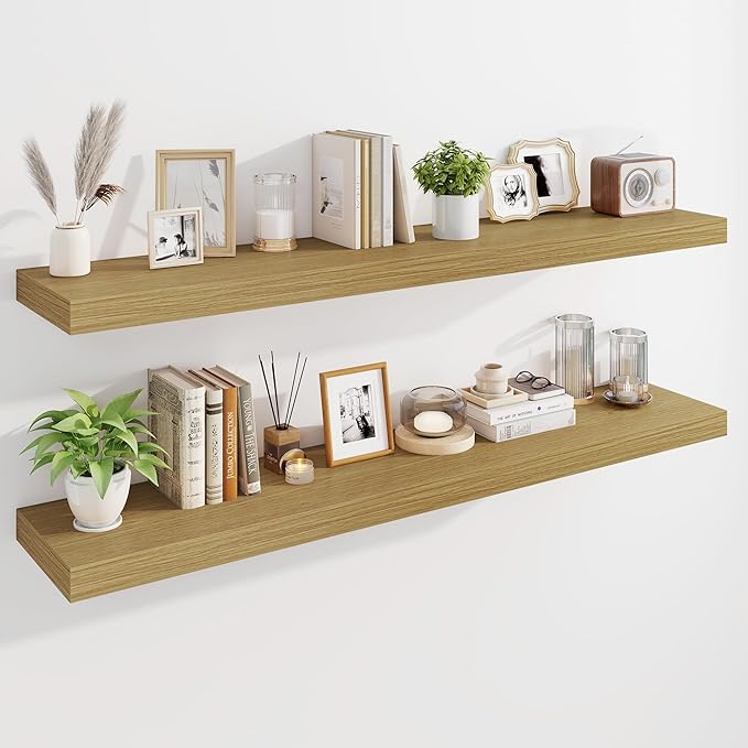 Marsmiles 55" Floating Shelves for Wall, Wooden Shelves with Invisible Brackets Set of 2, Rustic Farmhouse Wall Mounted Shelf for Kitchen Bathroom Living Room Study, Natural Oak-Ruum Studio Home