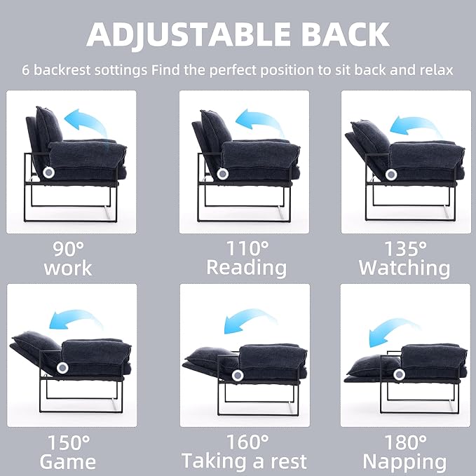 YISHENG Accent Chair with 6-Angle Adjustable Backrest, Chenille Fabric Living Room Chair Upholstered Lounge Chair, Modern Chair Cozy Reclining Chair for Reading Room, Set of 2 Dark Blue-Ruum Studio Home