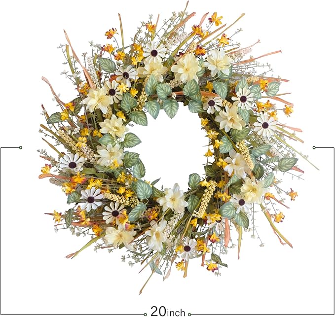 idyllic 20 Inches Spring Summer Front Door Wreath, Yellow and White Daisies Flowers, Ear of Wheat, Green Leaves Wreath for Front Door-Ruum Studio Home