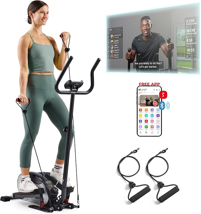 Sunny Health & Fitness 2-in-1 Sit/Stand Mini Elliptical Machine, Portable Under Desk Peddler Exerciser for Senior Home Workout, Optional Free Sunnyfit App Bluetooth Link, Handlebars or Resistance Band-Ruum Studio Home