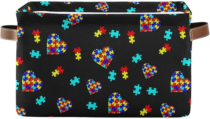 Multicolor Storage Basket Bin Autism Awareness Puzzle Pieces Heart Organizer Collapsible Shelf Cube with Handle for Nursery Bedroom Bathroom-Ruum Studio Home