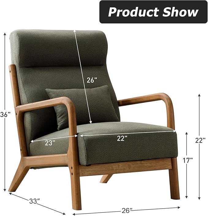 INZOY Mid Century Modern Accent Chair with High Back, Upholstered Living Room Chairs with Waist Cushion, Wood Frame Reading Armchair for Bedroom Sunroom, Green-Ruum Studio Home