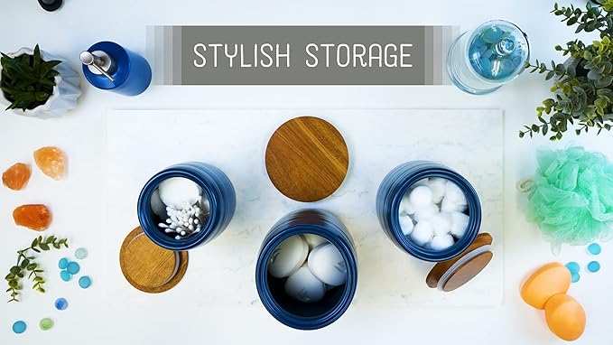 Nat & Jules Lidded Navy Blue 6 inch Ceramic and Wood Kitchen Canisters Set of 3-Ruum Studio Home