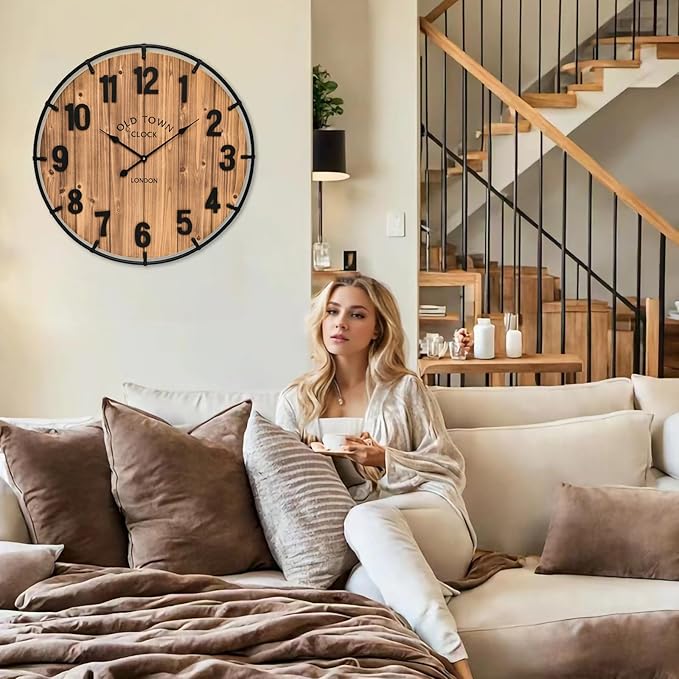 Large Old Town Farmhouse Wall Clock 20 Inches - Rustic Antique Wood with Metal Circle and Large Numerals Silent Battery Operated Wall Clock for Office Kitchen Bedroom Living Room-Ruum Studio Home