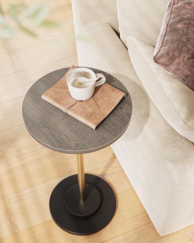 Masupu Drink Table, Round Side Table for Small Spaces, Pedestal Side Table, Small End Table with Metal Base, for Living Room, Bedroom, Bathroom, Grey-Ruum Studio Home