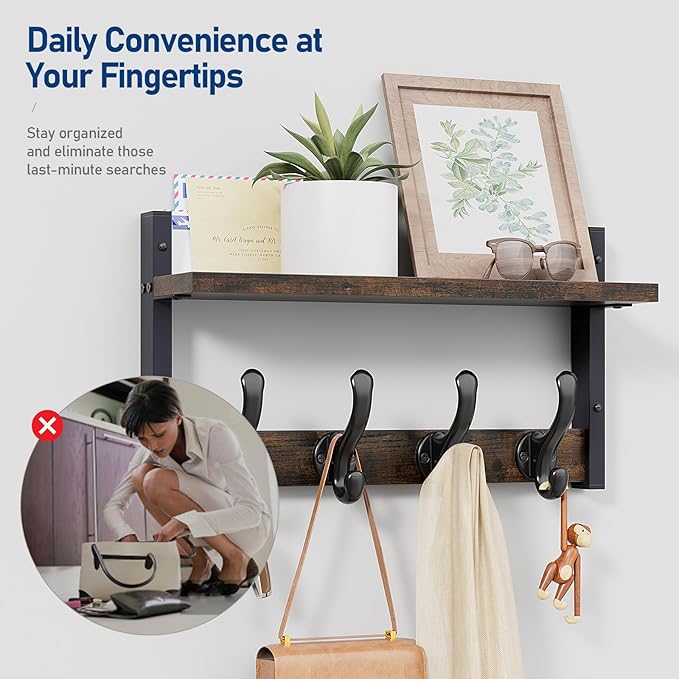 Tatub 16" Rustic Coat Rack Wall Mount with Shelf, Wall Hooks with Shelf, Heavy Duty Entryway Organizer Hangers for Hanging, Hat, Bag, Jacket for Bathroom, Living Room, Bedroom-Ruum Studio Home