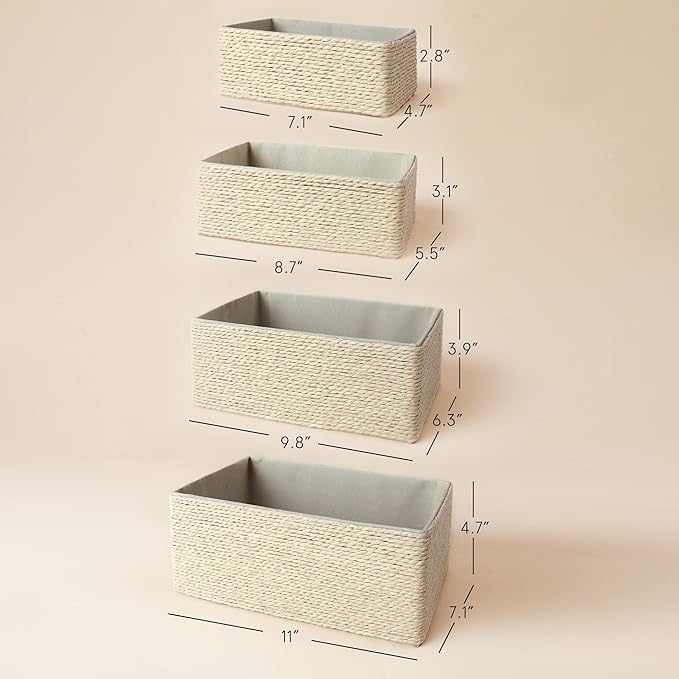 Storage Baskets Set 4 - Stackable Woven Basket Paper Rope Bin, Storage Boxes for Makeup Closet Bathroom Bedroom (Beige)-Ruum Studio Home