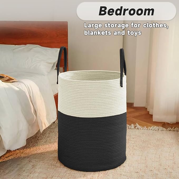 Large Woven Laundry Basket Hamper,100L Cotton Rope Storage Bin for Blankets,Toys and Clothes,Decorative Tall Nursery Hamper for Living Room,Baby Nursery,Bathroom and Bedroom,White and Black-Ruum Studio Home