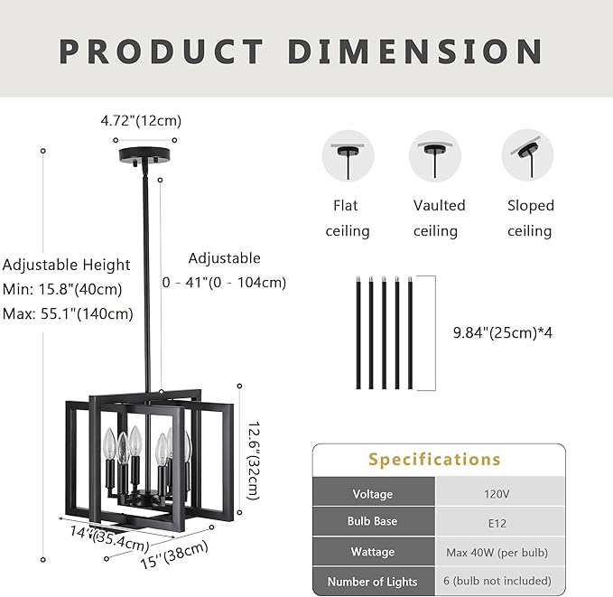 ANKYLHUA Black Chandelier,6-Lights Ceiling Light Fixture E12,Adjustable Hight Pendant Lights Kitchen Island,Chandeliers for Dining Room Bedroom,Entryway,Foyer-Ruum Studio Home