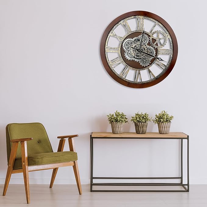 HOIBAI Large Wall Clock, 24 Inch Wall Clocks for Living Room Decor Farmhouse Vintage Rustic Kitchen Wall Decor Vintage Roman Big Oversized Wall Clock for Home Bedroom House Office, Moving Gears Clock-Ruum Studio Home