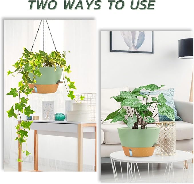 ZMTECH 12 Inch Hanging Planters for Indoor Plants, 2 Pack Self Watering Hanging Planter with Visual Reservoir, Hanging Pots for Plants Outdoor with Drainage Hole and Plant Hanger(Green)-Ruum Studio Home