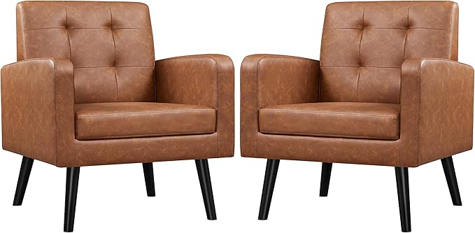 Yaheetech Mid-Century Accent Chairs, PU Leather Modern Upholstered Living Room Chair, Cozy Armchair Button Tufted Back and Wood Legs for Bedroom/Office/Cafe, Retro Brown 2 PCS-Ruum Studio Home