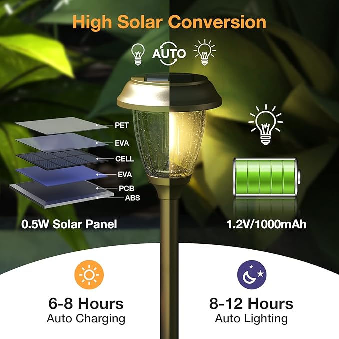 XMCOSY+ Solar Lights Outdoor 10/25 LM LED with 2 Lighting Modes, Solar Garden Lights Glass and Metal, IP65 Waterproof Solar Powered for Yard Pathway Walkway Driveway Patio (6 Pack, Warm White)-Ruum Studio Home