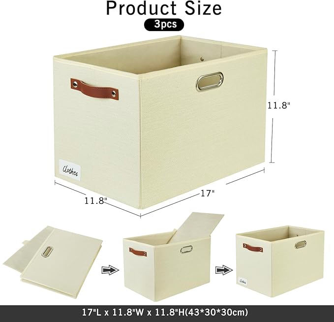 3-Pack Foldable Fabric Storage Bins with Durable PU & Metal Handles , Collapsible Storage Baskets for Shelves, Home Storage, Closet Organizers, Living Room(17"x11.8"x11.8", Beige)-Ruum Studio Home
