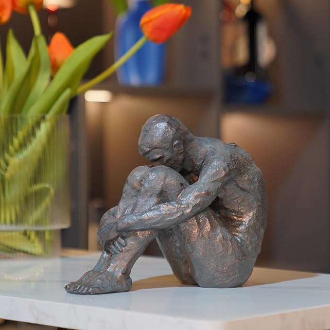 Guichifun Sitting Man Sculptures Home Decor - Resin Bronze Sitting Posture Holding Arms Legs Lonely Statues Decorative Objects Outdoor Gift for Men 9.25 x 5.25 x 7.5 Inch-Ruum Studio Home