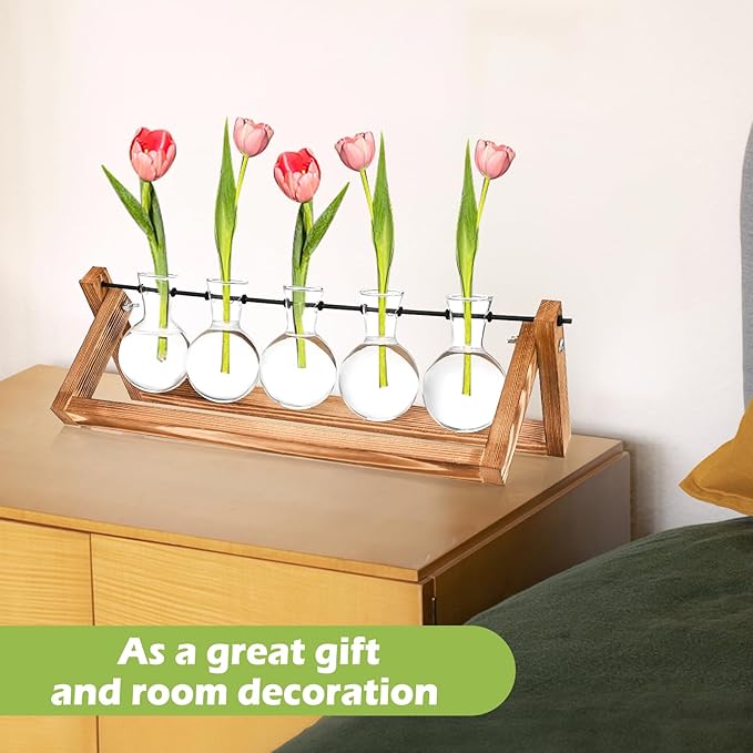 Retro Wood Stand Plant Terrarium with 5 Air Planter Bulb Glass Vases, Perfect for Home, Office, or Wedding Decor. Great Desktop Propagation Station and Plant Lover Gift for Women (5 Bulb Vase)-Ruum Studio Home