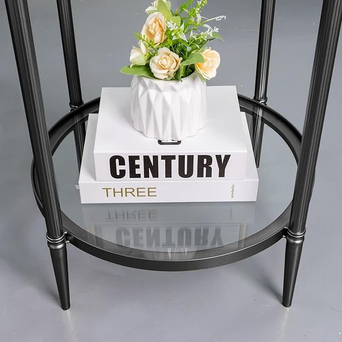 2 Tier Round Side Table, Black End Table with Glass Top, Modern Metal Clear Coffee Table，Small Accent Table for Living Room, Bedroom, 18" x 18" x 24"-Ruum Studio Home