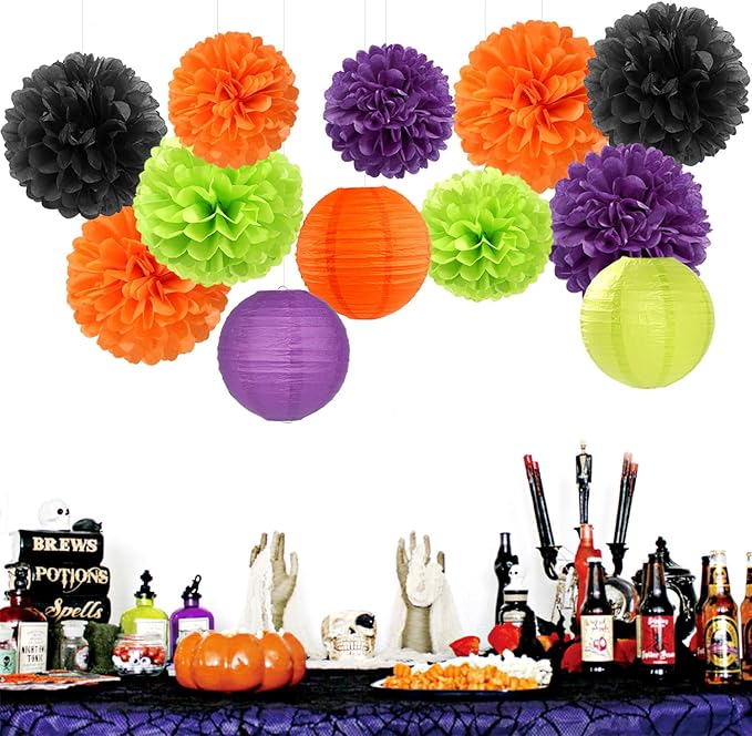 Black-Orange Purple Green Halloween Party-Decorations - 15PCS Paper Flowers Lanterns Tissue Pom Poms Streamers,Vintage Birthday Baby Shower Bachelorette Wedding Bathroom Hanging Supplies Decor Hugfond-Ruum Studio Home