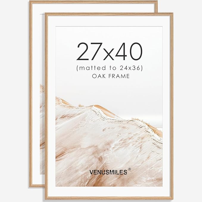27x40 Poster Frame Set of 2 Natural Solid Oak Photo Frames with 24x36 Removable Mat Wall Hanging Large Handcrafted Frame with HD Plexiglass Wall and Tabletop Display Large Picture Frame-Ruum Studio Home