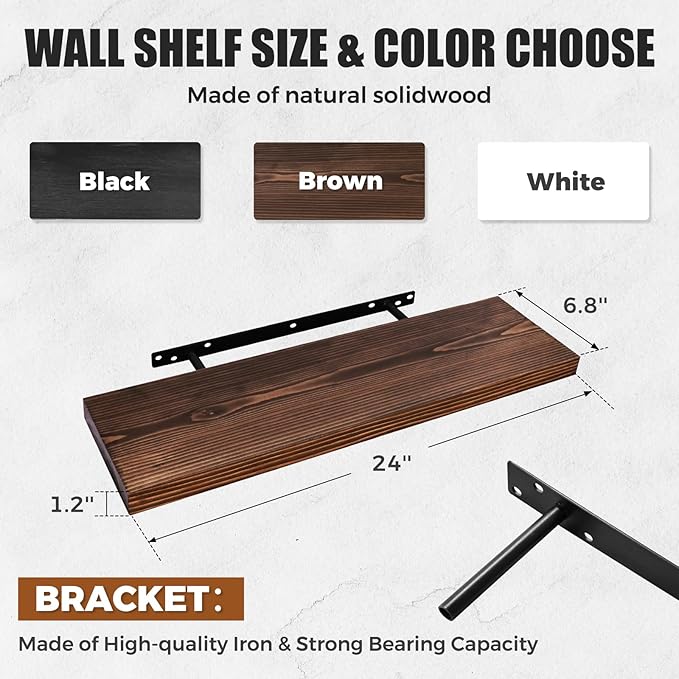 24"x6.8"x1.2" Solid Wood Floating Shelves 2-Pack - Rustic Brown Finish with Hidden Brackets, Perfect for Storage and Décor in Living Room, Kitchen, Bedroom-Ruum Studio Home