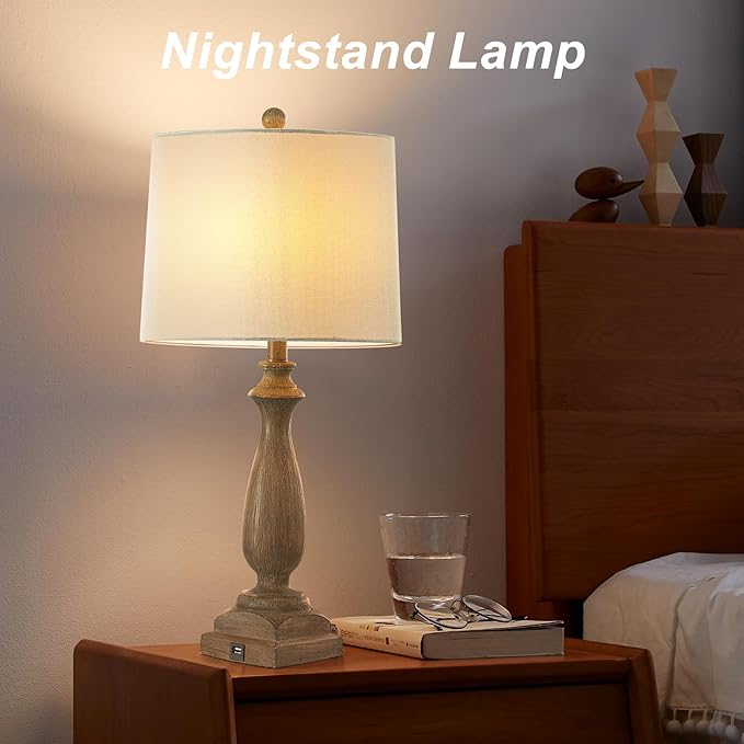 𝟐𝟔-𝐈𝐍𝐂𝐇 Rustic Table Lamp Set of 2 for Living Room, Vintage Farmhouse Bedside Lamp with USB Charging Port, 3 Way Dimmable Resin Nightstand Lamps with White Shade for Bedroom, End Table-Ruum Studio Home