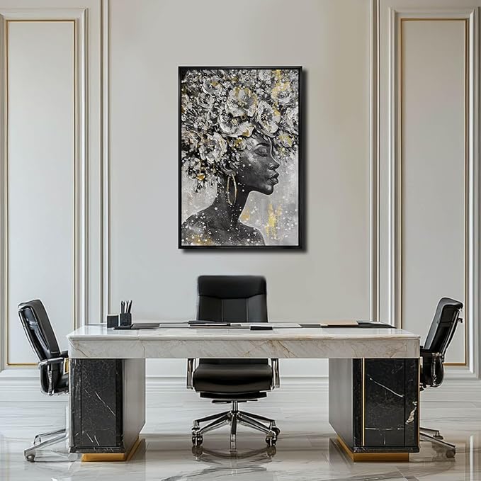 MLART99 Gold African American Wall Art Black Woman Wall Decor with Frame Vertical Floral Canvas Painting Modern Print Bedroom Living Room Decor 24x36 Inch-Ruum Studio Home