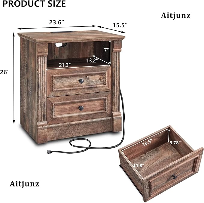 26" Tall Farmhouse Nightstand Set of 2, 2 Drawers End Table w/Charging Station, 23.6" Wide Large Side Table w/Roman Column, Wood Rustic Sofa Table w/Open Shelf, Bedside Table for Bedroom, Light Brown-Ruum Studio Home