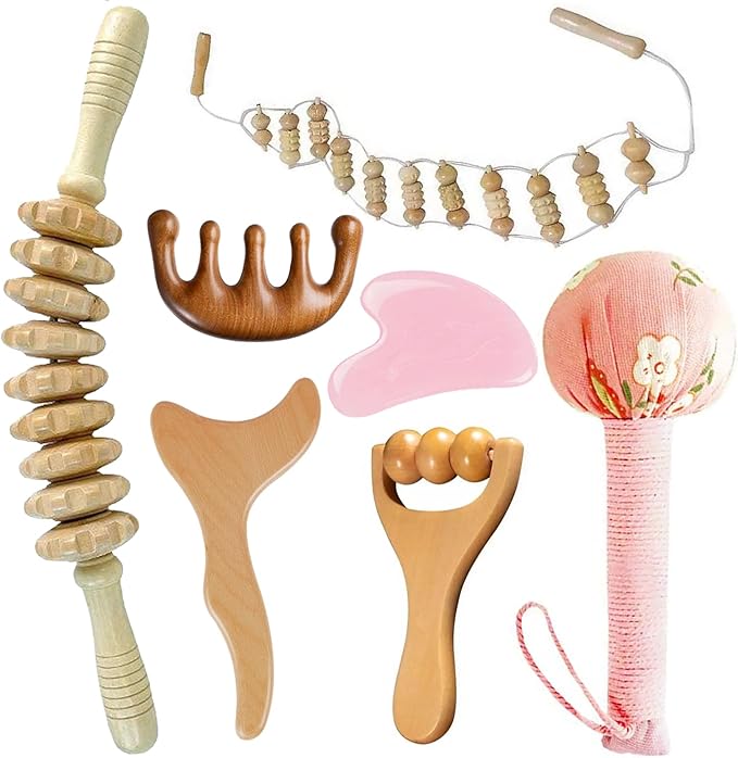 7-in-1 Lymphatic Drainage Massager Set，Wood Therapy & Cellulite Massager Tools for Gua Sha, Full Body Meridian Detox (Face/Head/Waist/Legs)，Maderotherapie Outils for Body Sculpting, lymphatic roller-Ruum Studio Home